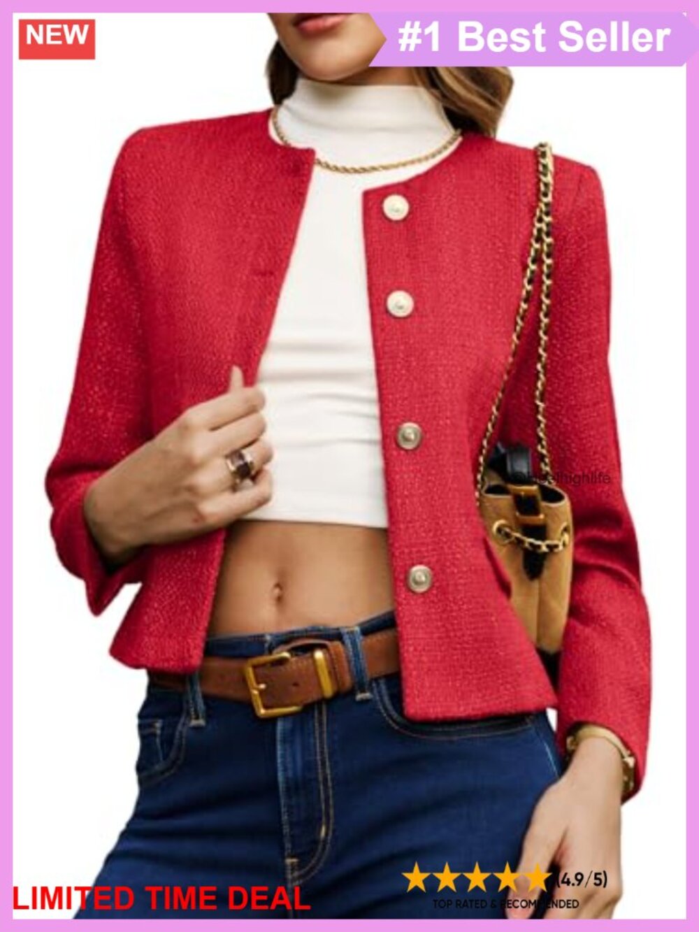 Tweed Cropped Blazer Collarless Button Down Business Casual